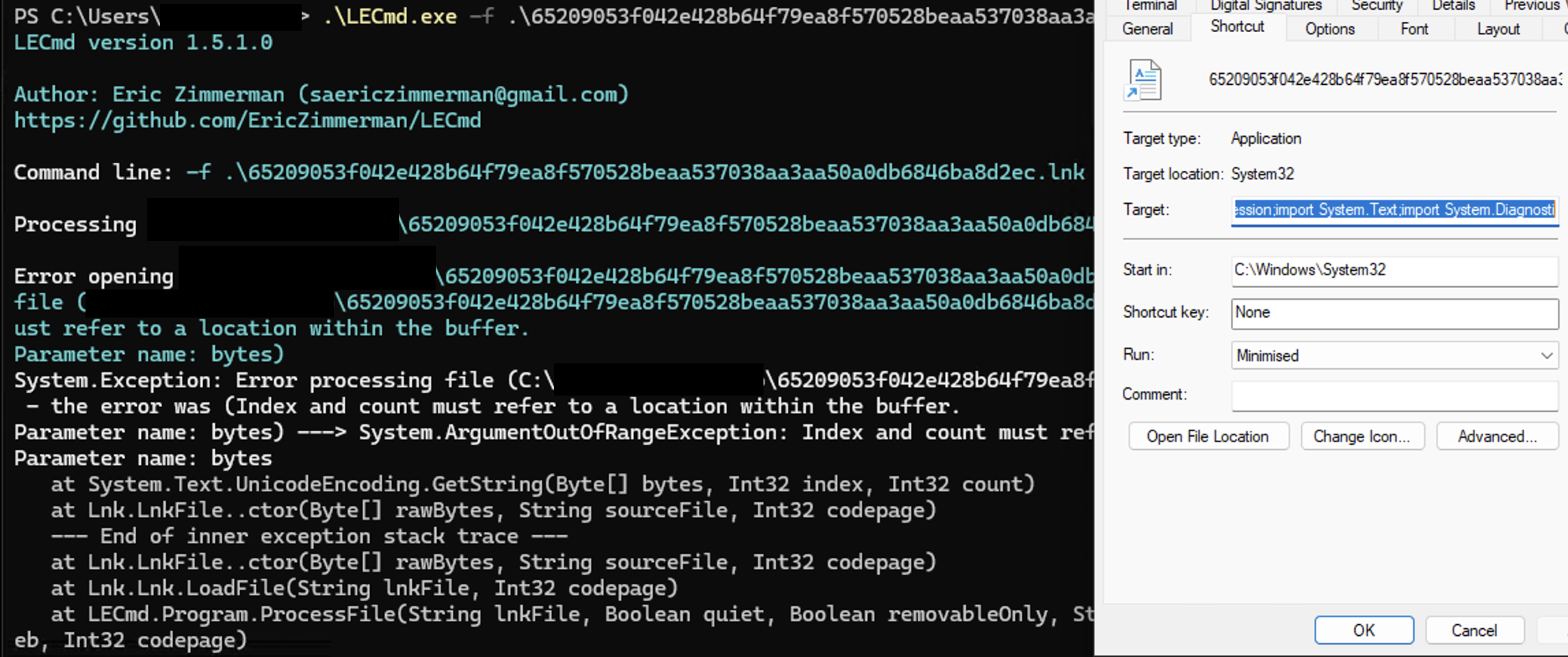 Figure 13 - Malicious LNK parsing from third party LNK parser LECmd 1.5.1.0 and Windows properties UI