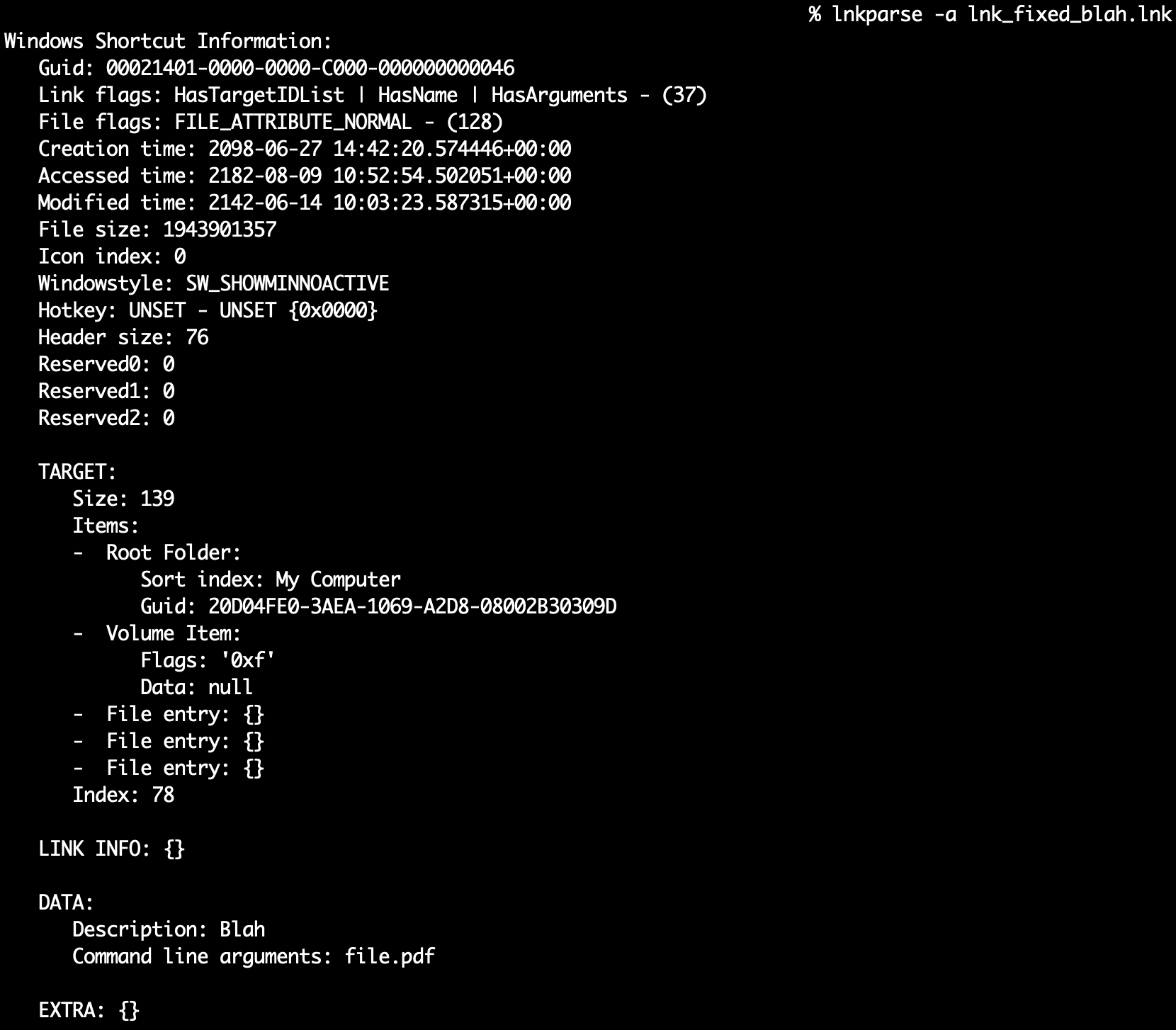 Figure 5 - Third party LNK parser LnkParse3 1.5.1 showing a LNK file command line according to specification. LnkParse3 has later been patched to parse as Windows does in version 1.5.2