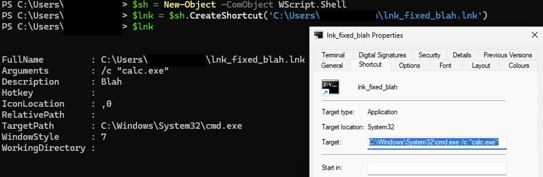 Figure 6 - Windows COM object-based parsing and properties UI of the same LNK file, showing that Windows parses the LNK file differently