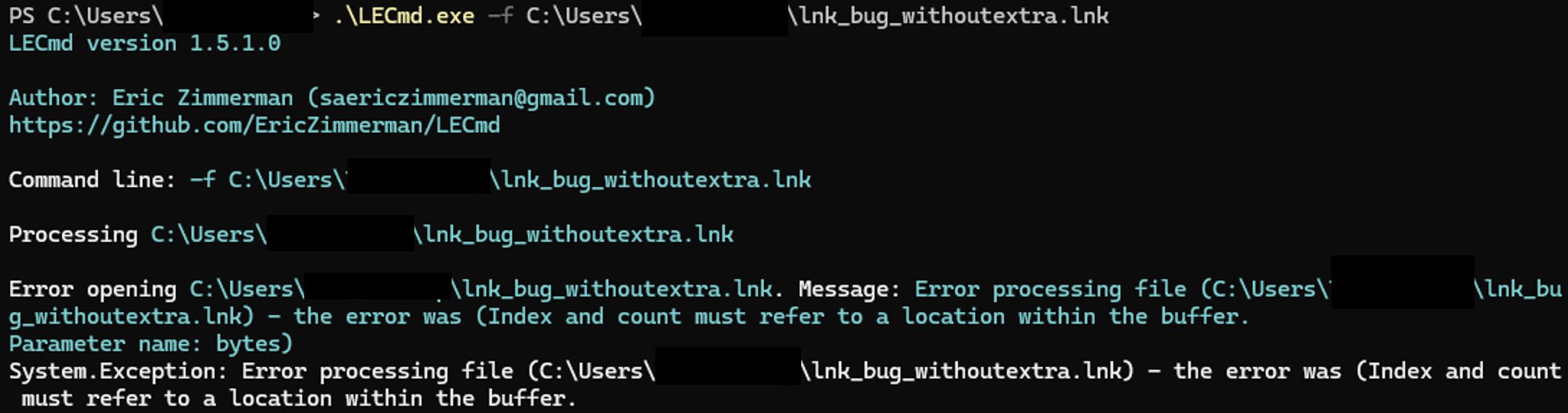 Figure 8 - Third party LNK parser LECmd 1.5.1.0 crashing over a specifically crafted LNK file