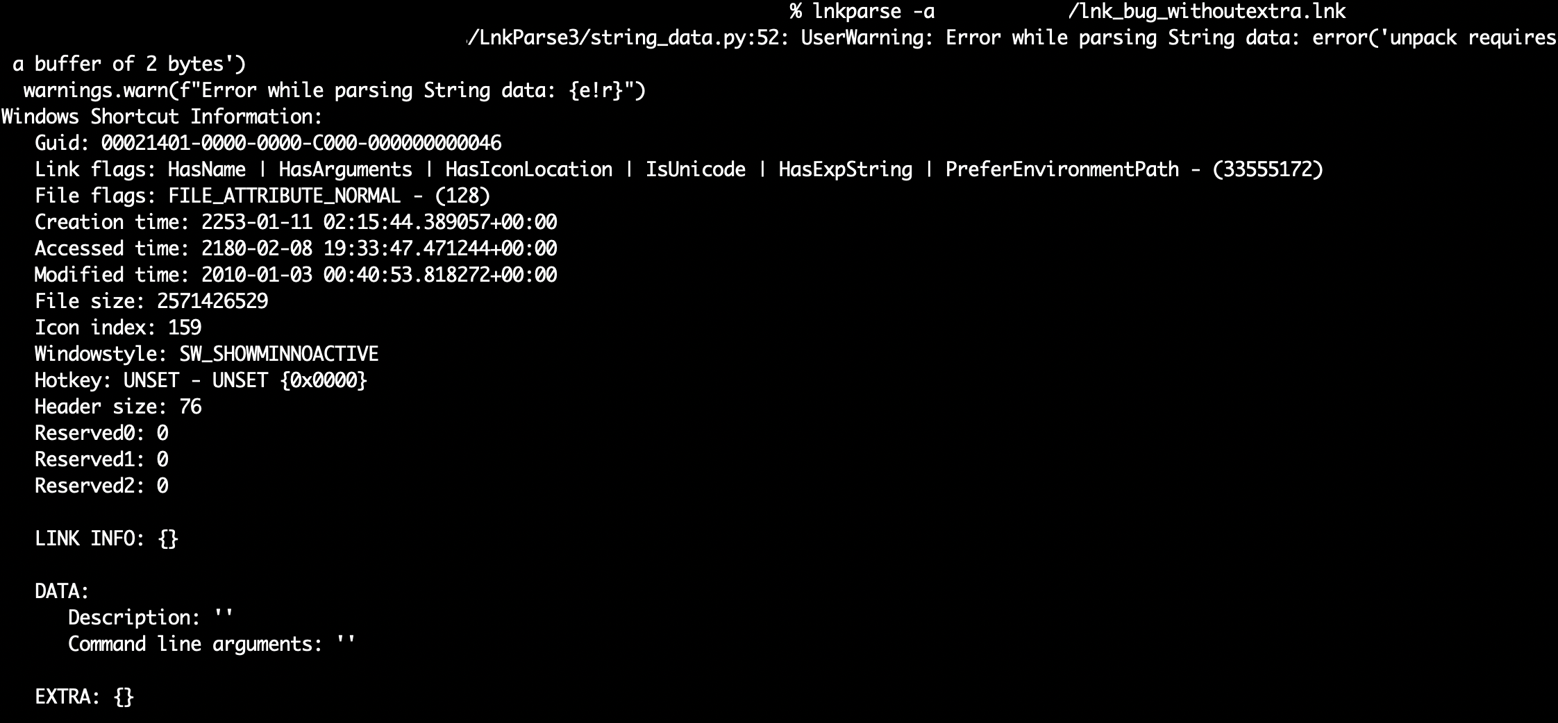 Figure 9 - Third party LNK parser LnkParse3 1.5.1 showing an empty command line for the same specifically crafted LNK file. LnkParse3 has later been patched to parse as Windows does in version 1.5.2
