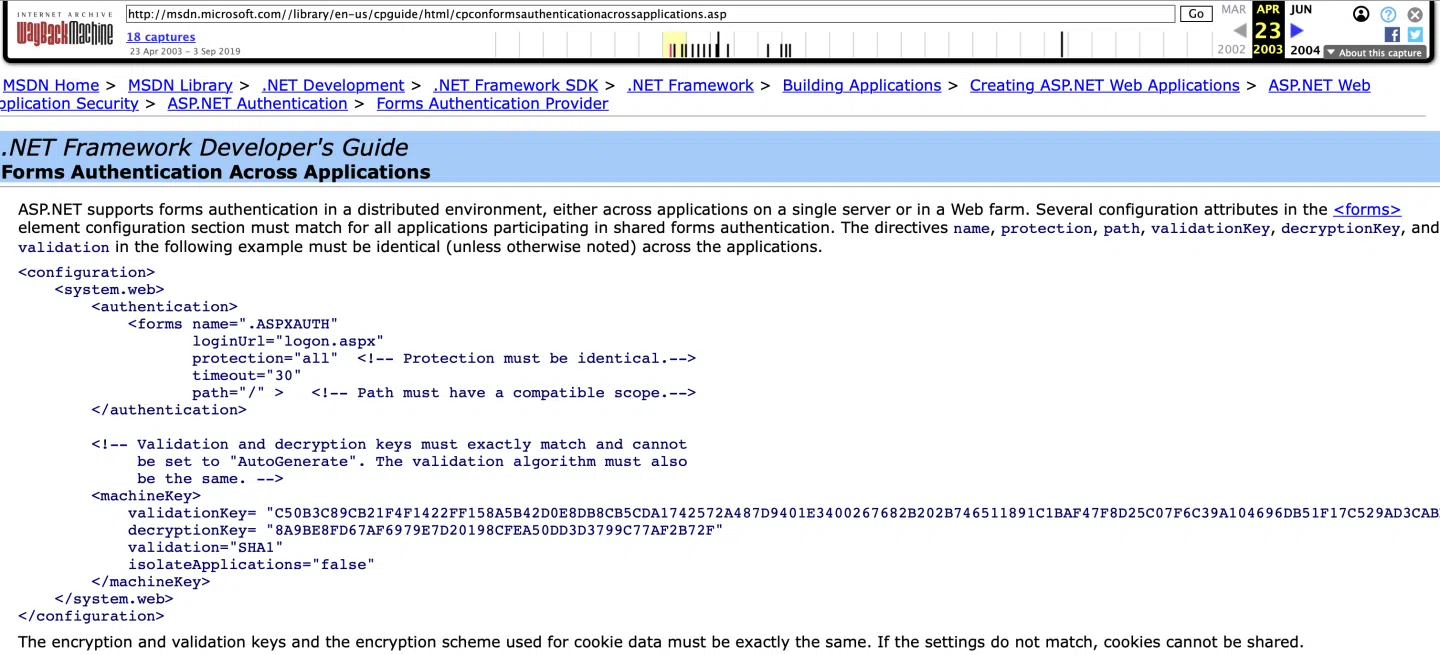 IIS Servers Hijacked via Exposed ASP.NET Machine Keys — Malicious Modules Injected in the Wild 2 MSDN article originally referencing the exploited encryption secrets.