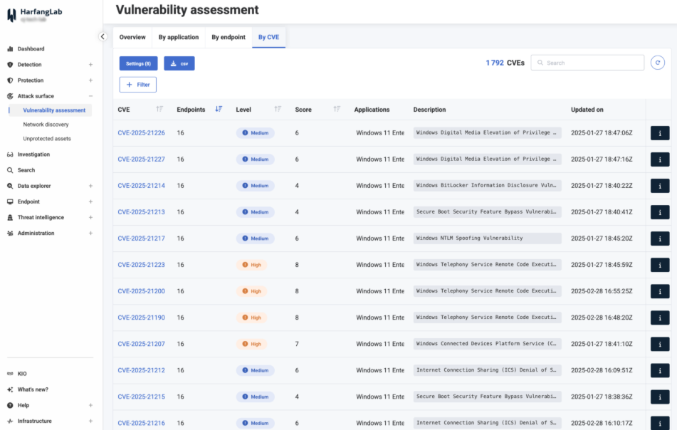 HarfangLab Scout - Attack Surface Management - CVE list